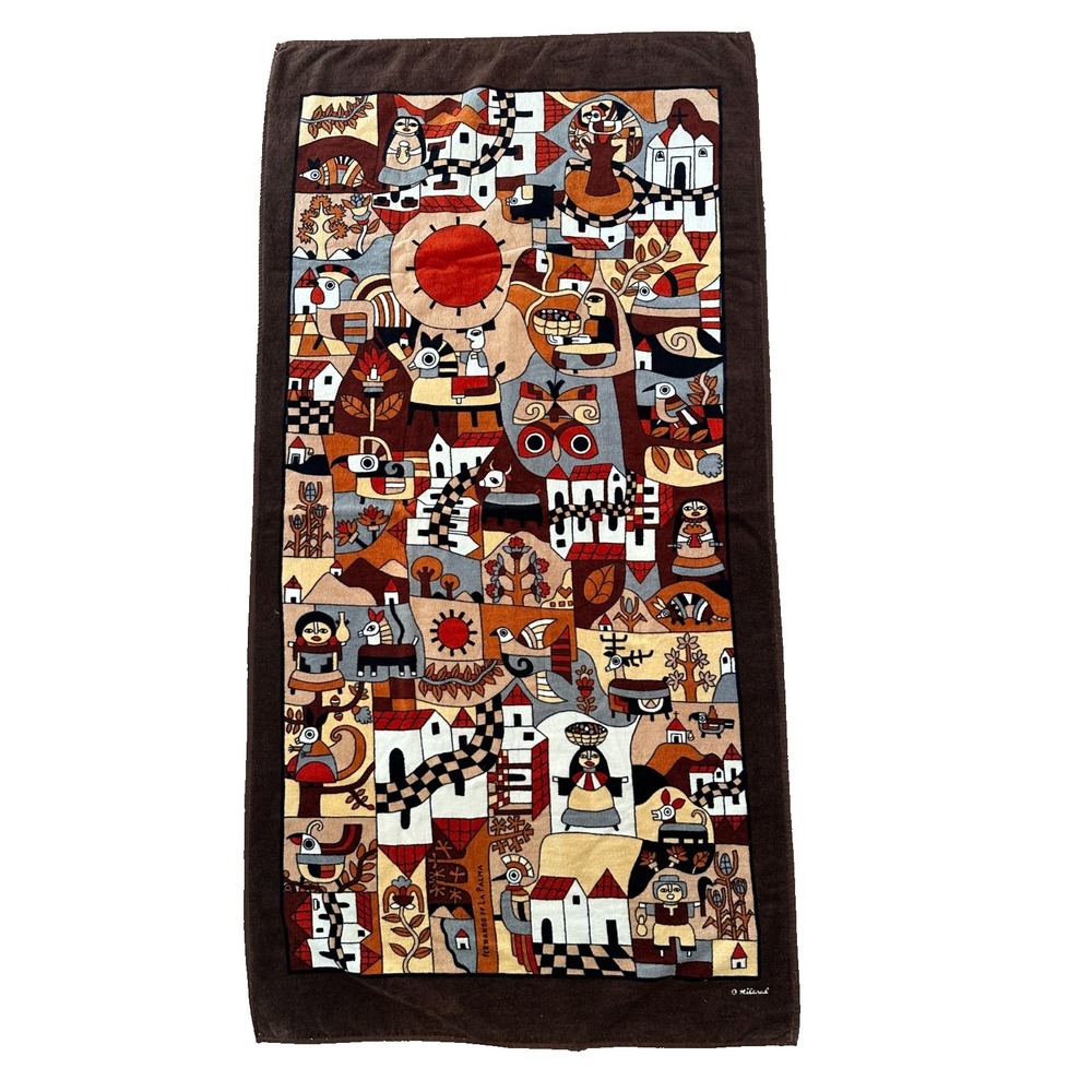 Vtg Hilasal Fernando Llort Cotton towel De La Palma Folk El Salvador BIG 34x65